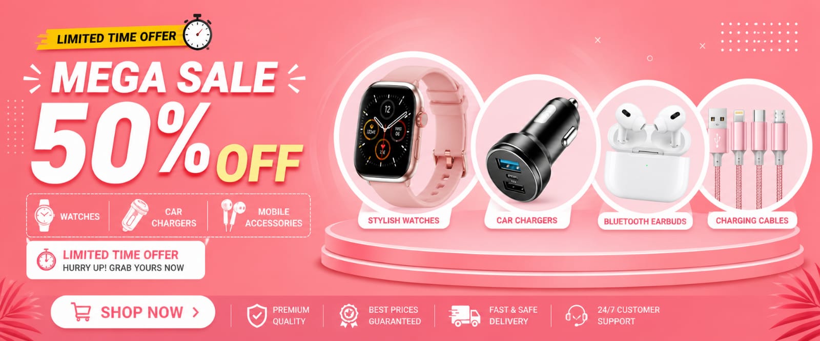 Promotional banner for a mega sale with electronic products on a pink background